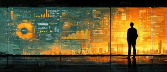 Wall Mural - A silhouette of a person stands before a vibrant digital display filled with data and graphs, casting an atmosphere of technology and reflection.