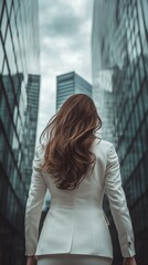 Poster - A woman with long hair is walking in a city