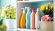 © vilaiporn - A vibrant display of colorful cleaning products on a shelf, complementing a fresh flower arrangement in a bright room.