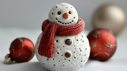 Wall Mural - Snowman figurine with a red scarf, isolated on white