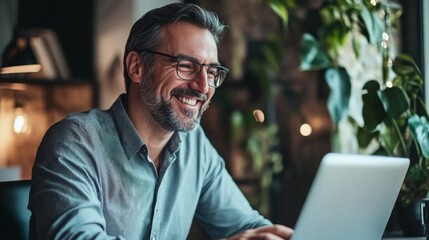 Aufkleber - A man is smiling and using a laptop computer