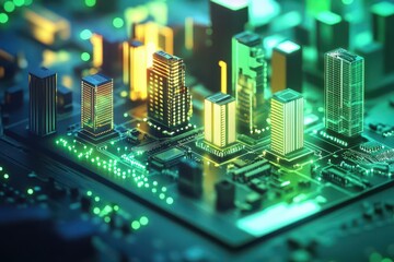 Poster - LED lights illuminating a circuit city model, tiny buildings and streets, macro shot, neon greens and yellows, cinematic depth of field