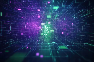 Poster - Light breaking through a complex digital matrix, abstract 3D, high contrast, neon purple and green, scifi inspired, detailed illustration