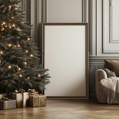 Wall Mural - Big blank poster in wooden frame mockup. Picture frame on the floor propped against cozy sofa and Christmas tree. Vertical artwork template, winter holiday designs place here.	
