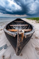  A wooden boat sitting on top of a sandy beach