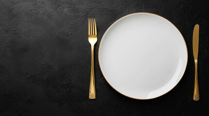 Wall Mural - Minimalist served white plate with golden fork and knife, copy space, black background. Generative AI