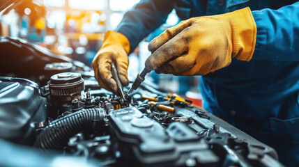 A professional car mechanic is repairing a bicycle