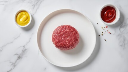 Poster - Fresh Raw Beef Patty on White Plate with Condiments