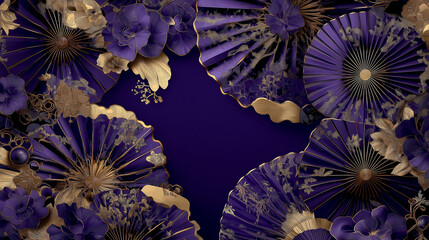 Poster - deep purple background with intricate fan shapes and golden accents.