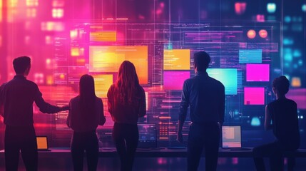 Poster - A group of five people, silhouetted against a backdrop of glowing screens displaying colourful squares and digital data.