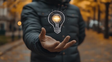 Poster - A man holds out his hand with a light bulb drawn, Idea light bulb on hand