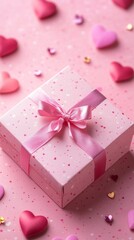 Wall Mural - delicate pink gift box adorned with satin bow, surrounded by scattered heart confetti on soft pink b
