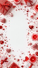 Wall Mural - festive valentine's day border with red gifts, glittering hearts, and candles on white background, c