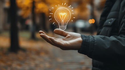 Wall Mural - A man holds out his hand with a light bulb drawn, Idea light bulb on hand