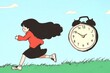 © Artem Zatsepilin - productivity and efficiency. illustrated concept of time management, deadline: young girl racing against alarm clock outdoors.