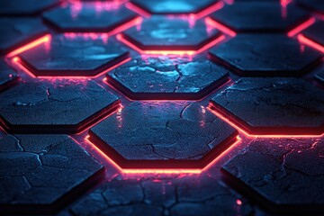 Poster - Abstract Red and Blue Neon Glowing Hexagon Pattern
