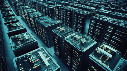 Poster - A large data center filled with rows of powerful servers processing vast amounts of information