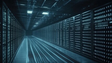 Poster - A large data center filled with rows of powerful servers processing vast amounts of information