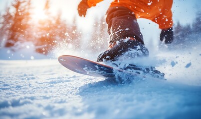 Wall Mural - A snowboarder carving through fresh snow in a winter landscape.