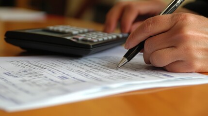 Wall Mural - A person analyzing financial statements with a calculator and financial reports on the table, emphasizing the importance of financial analysis in business decision-making