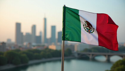 Wall Mural - Mexican Flag Over Cityscape