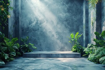 Poster - Concrete Platform with Tropical Plants and Sunbeams
