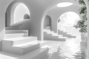 Poster - White Architectural Structure with Arched Openings and Water Feature