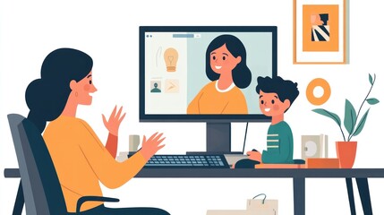 Poster - A person video chatting with a child at a desk, engaging in a friendly conversation.