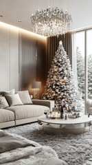Poster - A living room with a white Christmas tree and a white couch