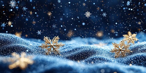 Poster - Golden Snowflakes on a Blue Glittery Surface