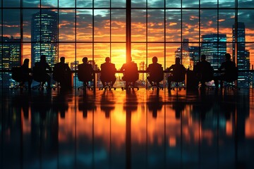 Poster - Silhouetted Business People in a Meeting Room Overlooking a Cityscape at Sunset
