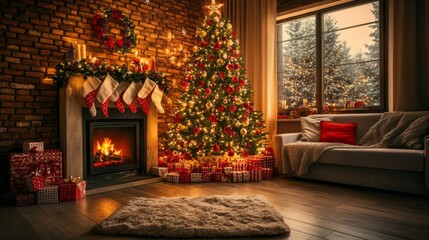 Poster - A cozy living room with a fireplace, a Christmas tree, and a couch