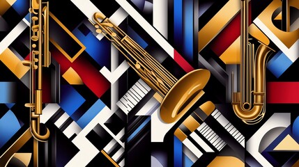 Poster - Jazz-Inspired Musical Instruments in Art Deco Style