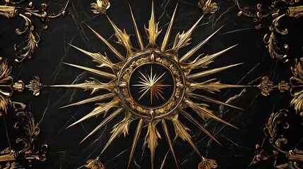 Poster - Golden Sun Motifs with Radiant Beams on Black