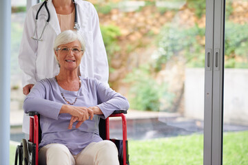 Wall Mural - Happy old woman, wheelchair portrait or doctor for healthcare support or wellness at nursing home. Physiotherapy, senior patient or elderly person with a disability for care, empathy or hope