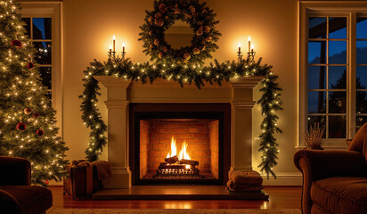 Wall Mural - decorative fireplace adds style room christmas season elegant lighting festive holiday decorations