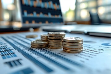 Poster - Stacks of Coins on Financial Documents with a Laptop in the Background