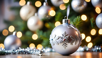 Wall Mural - decorated christmas tree closeup silver bauble bokeh copy space set festive holiday