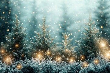 Poster - Snow-Covered Evergreens with Warm Lights and a Blurry Background