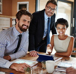 Poster - Business, team and portrait with meeting in office for budget planning, corporate funding review and strategy. Finance manager, employees and happy people with digital technology for project capital