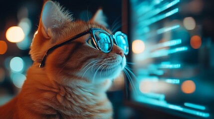 a ginger cat wearing glasses looks intently at a computer screen with blue coding visible.