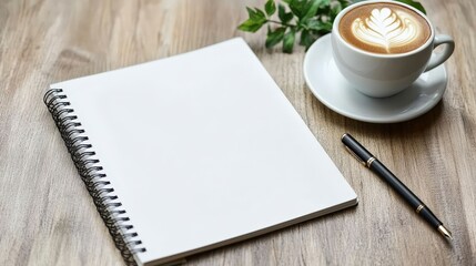 Poster - A blank notebook lying open, surrounded by a pen and coffee, ready for new ideas and plans to take shape.