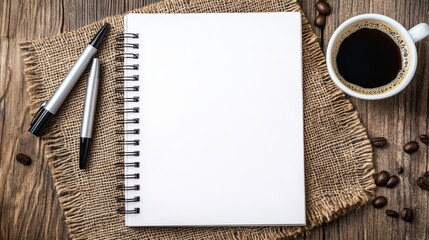 Poster - A blank notebook lying open, surrounded by a pen and coffee, ready for new ideas and plans to take shape.
