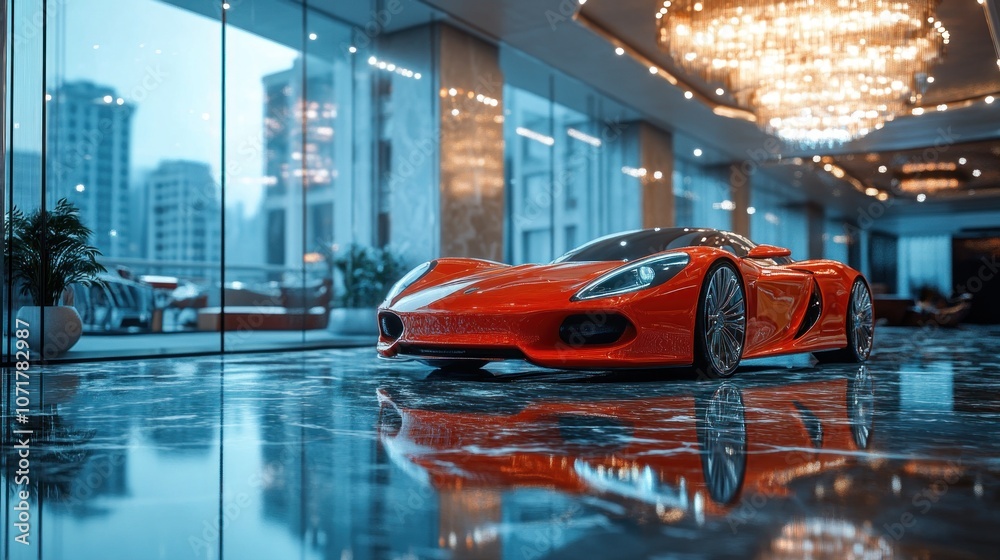 Luxury car showroom, shiny marble floor, luxurious red supercar ...