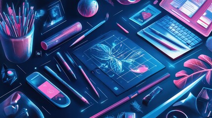 Poster - A creative workspace where AI suggests design elements on a digital canvas, aiding graphic designers with smart tools that adapt to their artistic preferences.