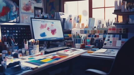 Poster - A designer's workspace filled with paint swatches, tools, and computer screens, capturing the diversity of tasks in a creative day