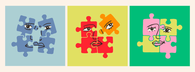 Aufkleber - Abstract human Faces on puzzle pieces. Jigsaw puzzle game with face. Contemporary minimalistic elegant style. Hand drawn modern Vector illustration. Isolated design elements