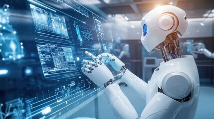 Poster - A futuristic hospital setting where AI-driven machines assist doctors in diagnostics and treatment planning,