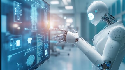 Poster - A futuristic hospital setting where AI-driven machines assist doctors in diagnostics and treatment planning,