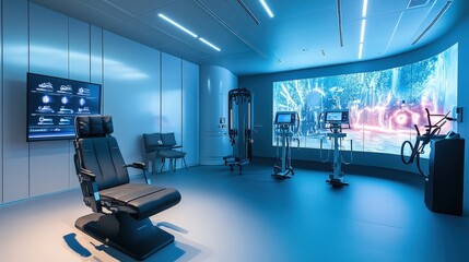 Poster - A futuristic therapy room where AI-driven devices support physical rehabilitation, guiding patients through exercises with real-time feedback for optimal recovery